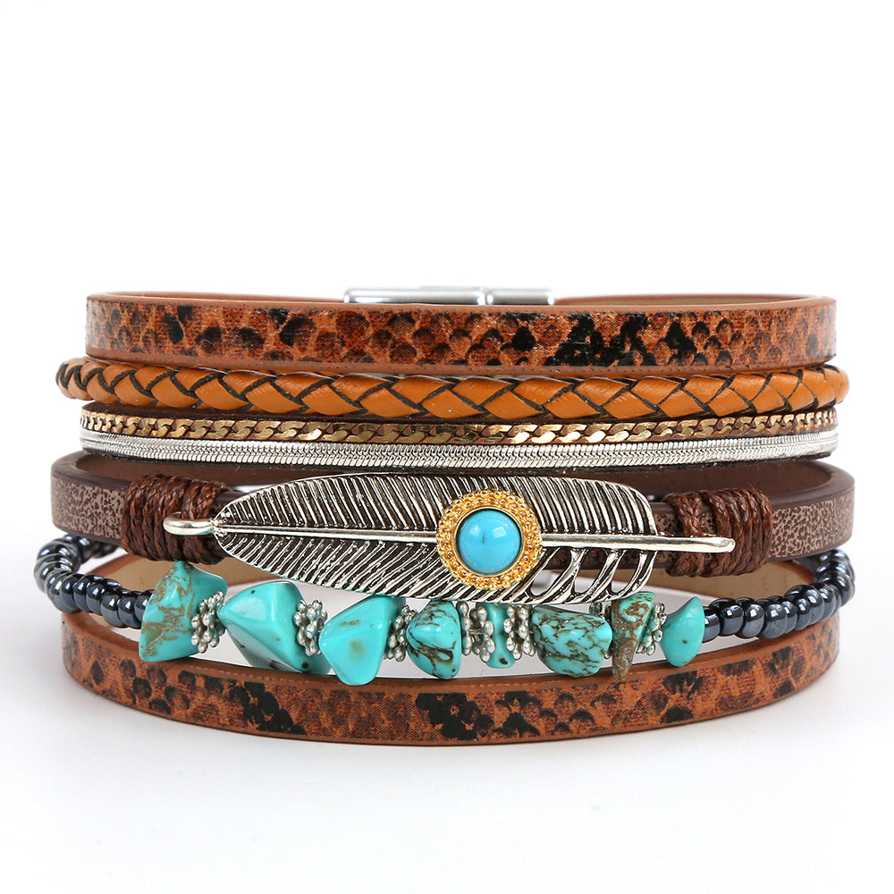 Wholesale Retro Ethnic Style Woven Turquoise Multi-layer Bohemian Magnet Buckle Feather Bracelet